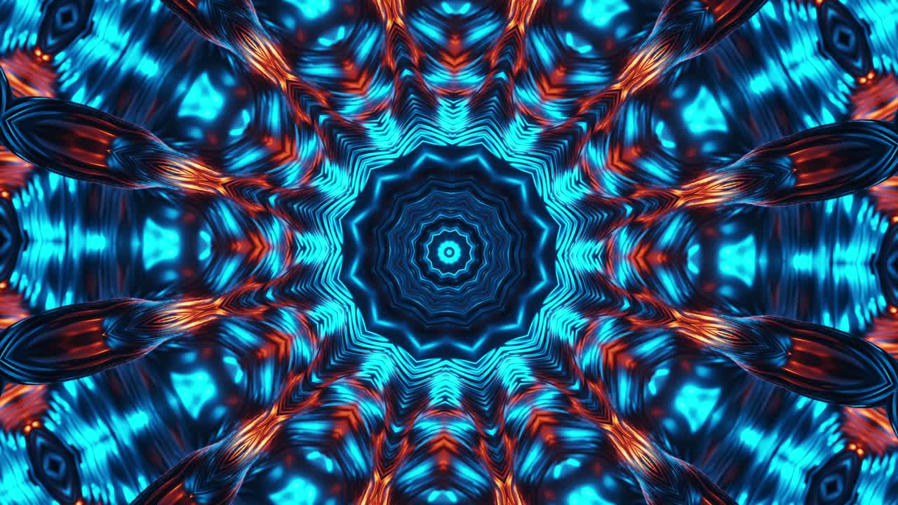 muy gran flor naranja y roja con fondo azul. caleidoscopio vj bucle