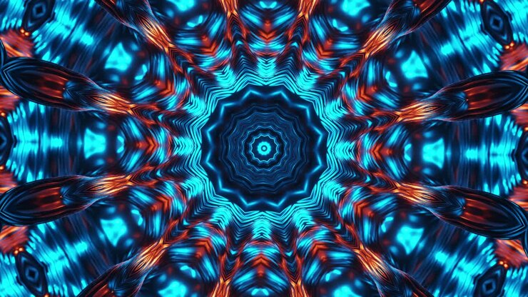 Flor muito grande laranja e vermelha com fundo azul. Loop VJ Caleidoscópio