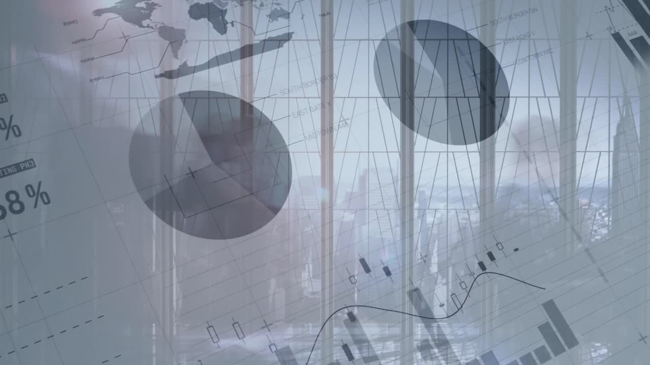 Animation of financial data processing over modern office