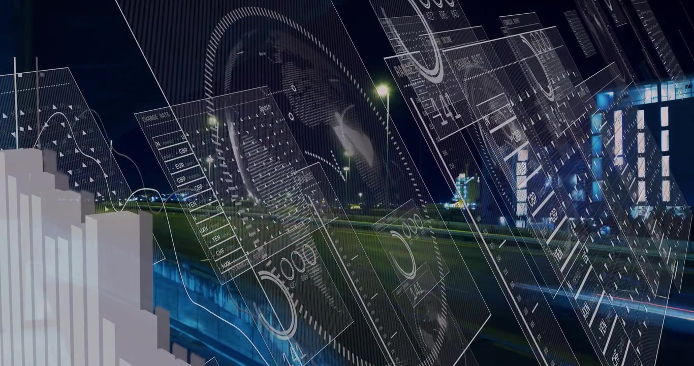 Al cargar, estelas de luz fluyendo por la autopista, paneles deslizándose y un indicador emergiendo visualizando métricas de tráfico