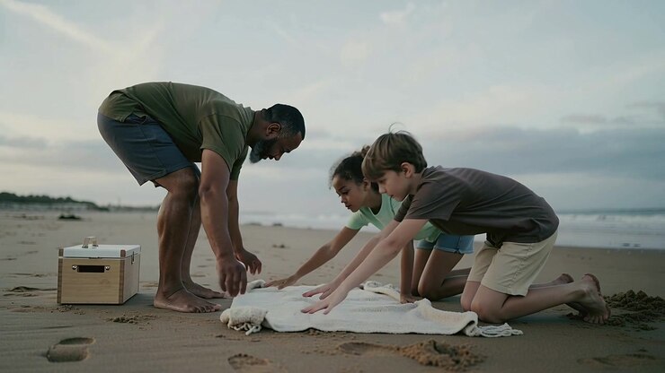 Afferrando i lembi di una coperta, una famiglia la stende e la liscia sulla spiaggia per sedersi, con il frigorifero portatile lasciato di lato