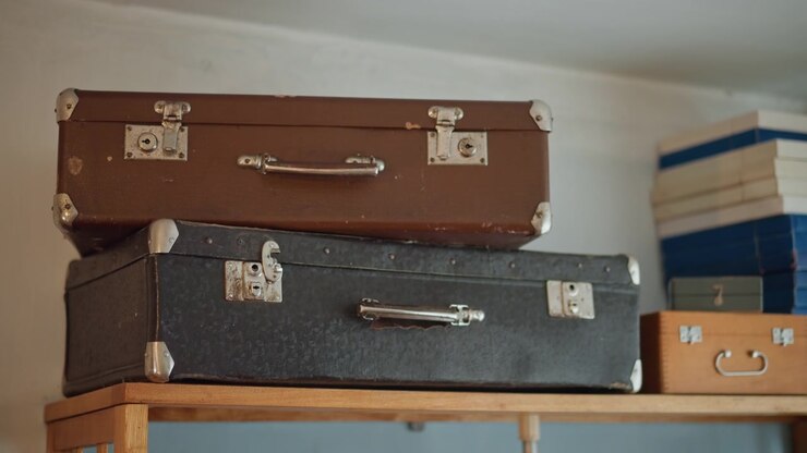 Stacked suitcases and archival boxes on wooden shelf, archivist style storage scene in tidy office corner, neat organization, aged leather cases, brass hardware and calm interior lighting