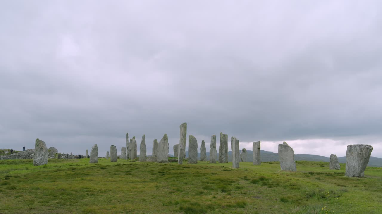 Vidvinkelbillede af de gamle Callanish-sten på Isle of Lewis.