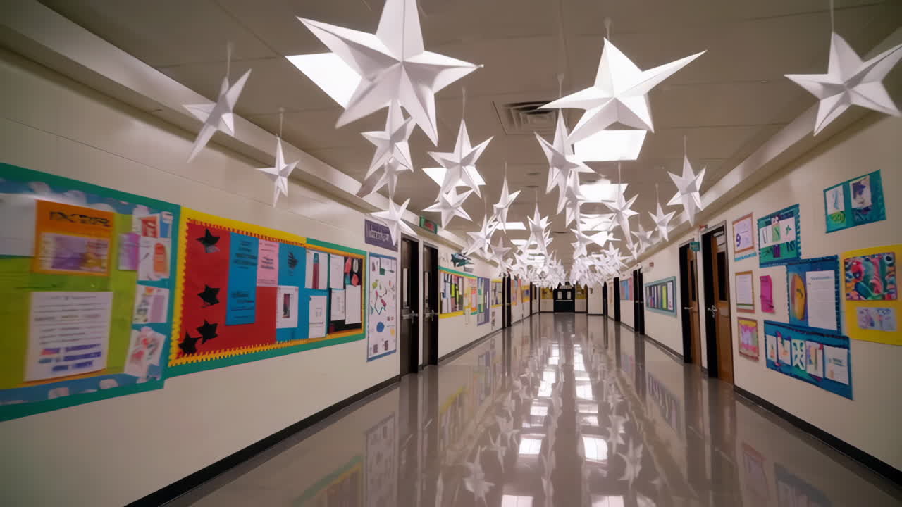 School Hallway with Paper Star Decorations