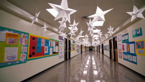 school hallway with paper star decorations