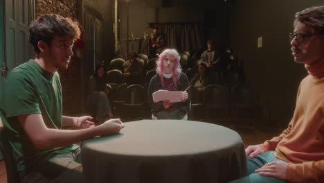 Female Dramaturg Talking to Actors during Rehearsal in Theater
