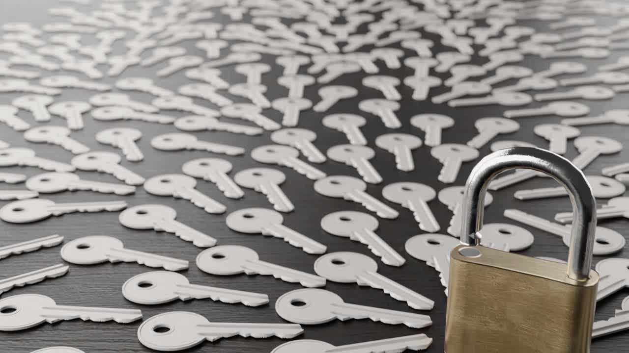 나무 테이블에 자물쇠와 여러 개의 열쇠