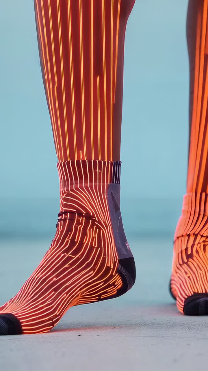 Video verticale: Piede anteriore che si flette sulla riva, LED rosso che si attiva e linee che tracciano il calzino per dispositivi indossabili.