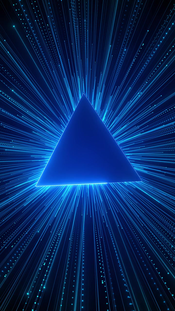 Neon pyramid energy rays explode from a blue triangle with dotted particle lines deep digital space