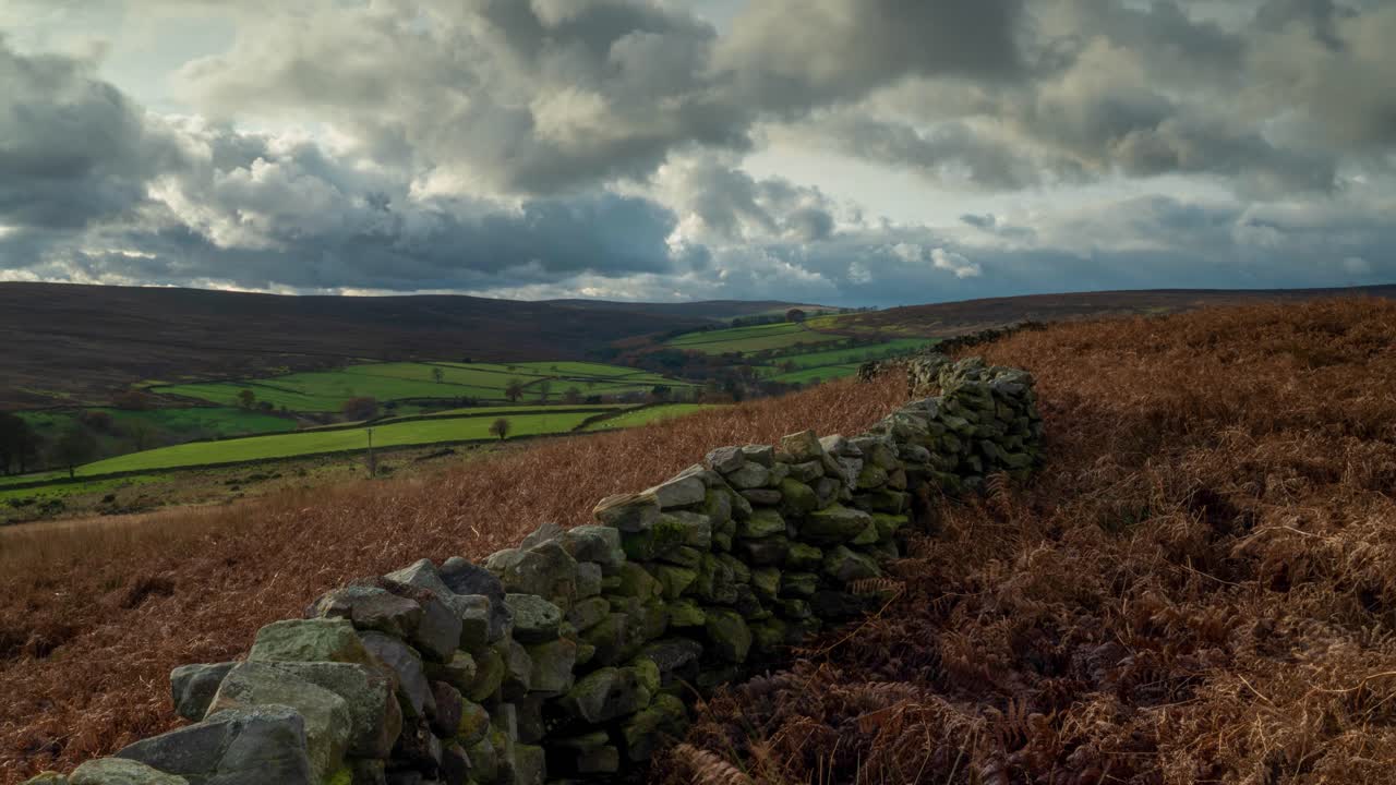 timelapse commondale в северном йорке moors национальный парк, англия осенью с драматическими облаками, bracken и каменной стеной линии