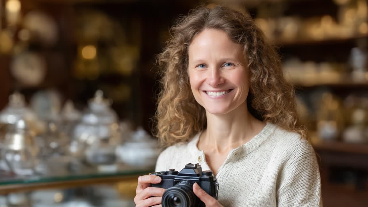 Catturare momenti: una fotografa felice sorride con la sua macchina fotografica, mostrando entusiasmo in un’accogliente ambientazione antica ricca di tesori