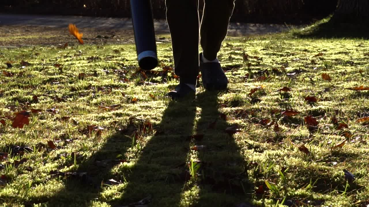 Cinematic video of a man using a leaf blower on a lawn and getting it ready for winter