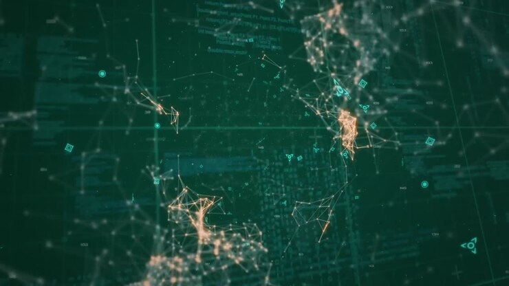 People icons connecting and moving data on a green background
