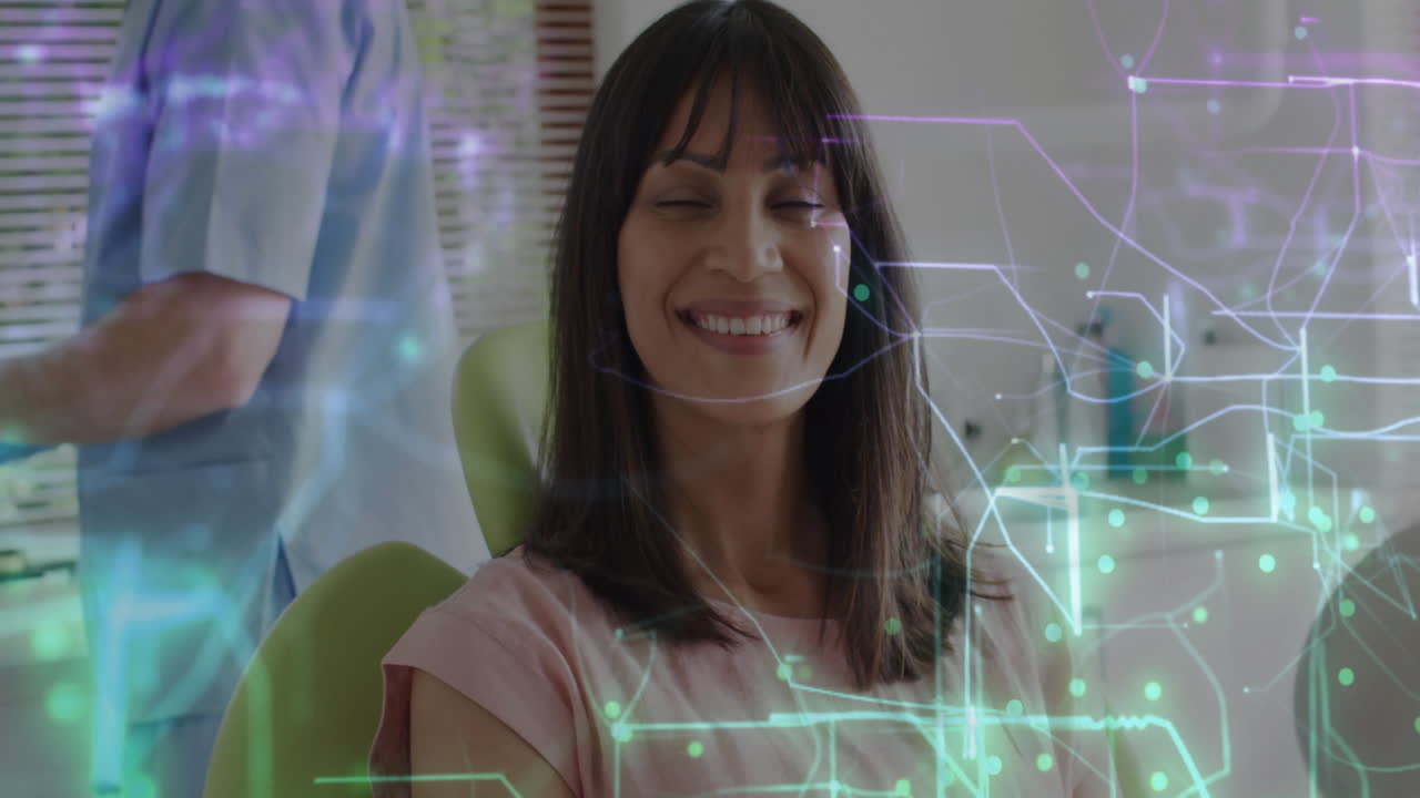 At dentist, smiling woman with digital network animation overlay, feeling relaxed