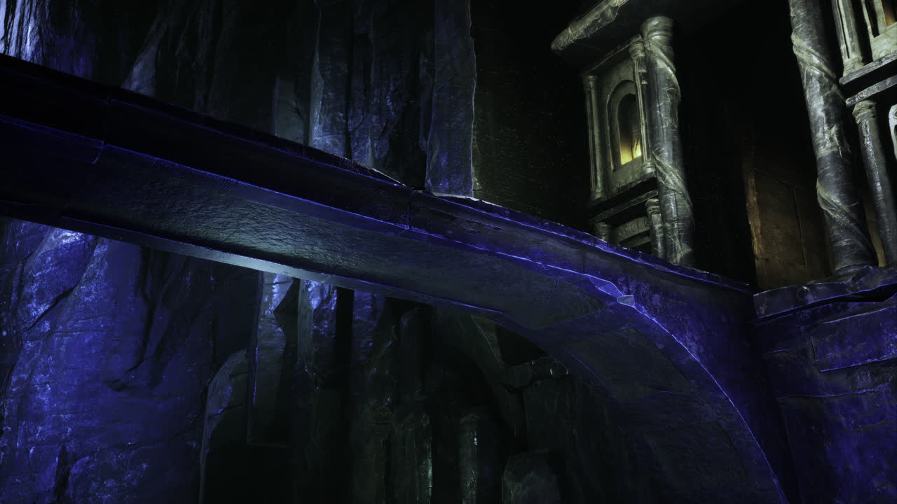 Mysterious cave illuminated by glimmering blue lights in a fantasy realm