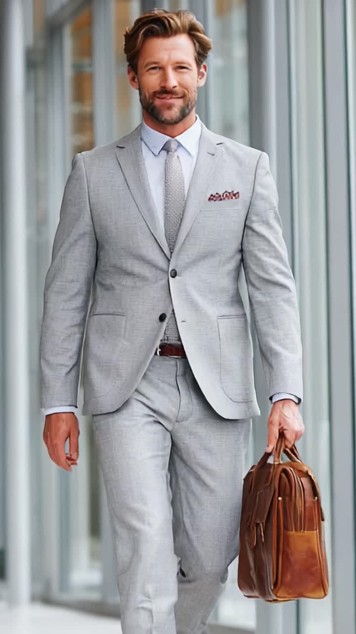 Hombre de negocios seguro de sí mismo con un elegante traje gris y un maletín marrón caminando en un entorno de oficina moderno, que irradia profesionalidad y estilo