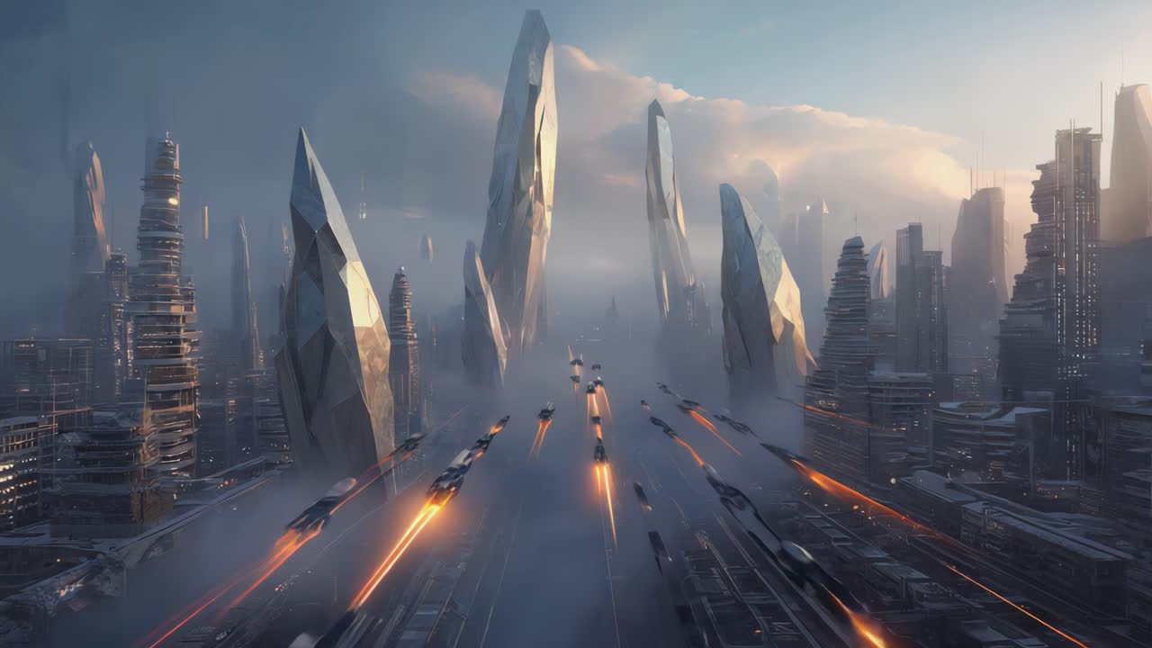 paisaje urbano futurista con vehículos voladores