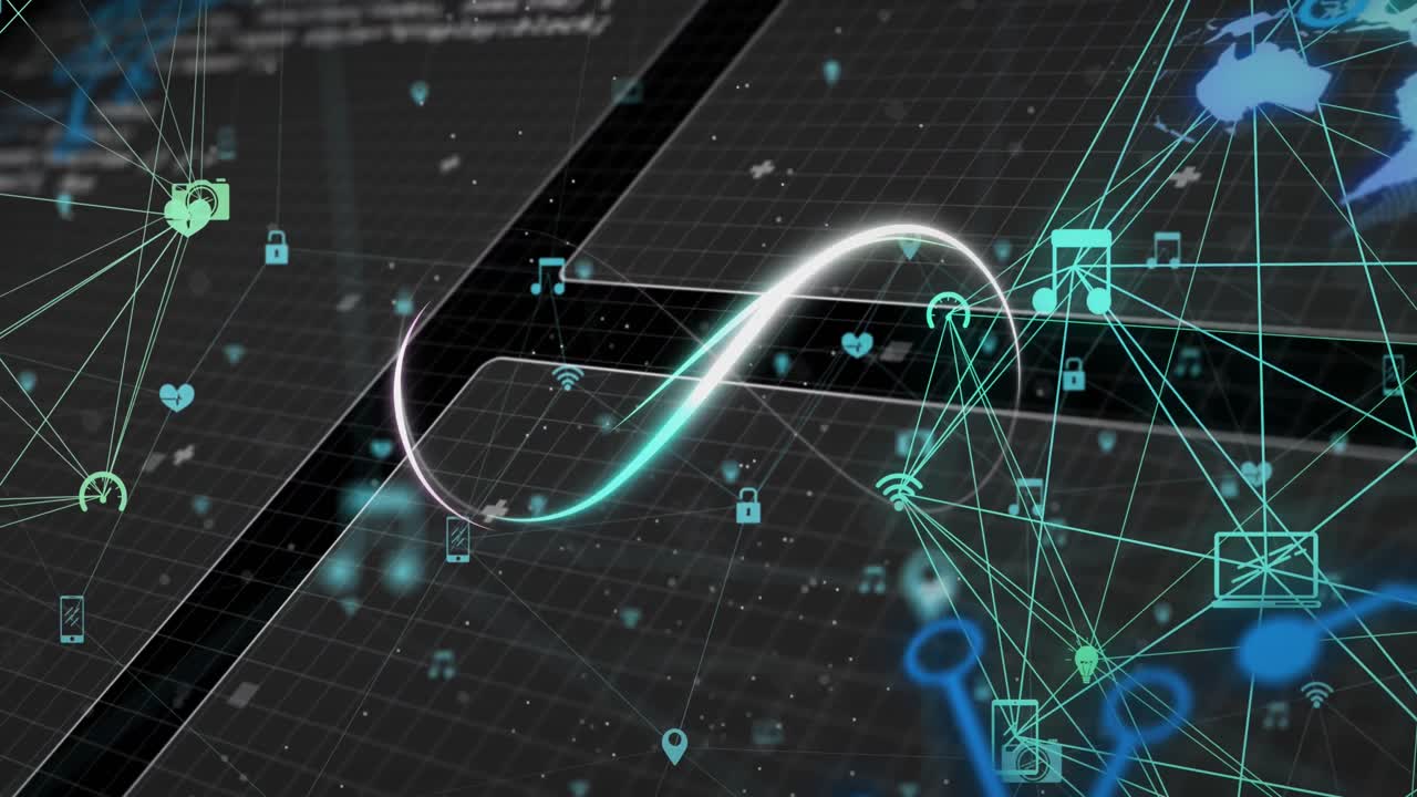 데이터 처리 인터페이스에 대한 디지털 아이콘의 무한 기호와 글로브의 애니메이션