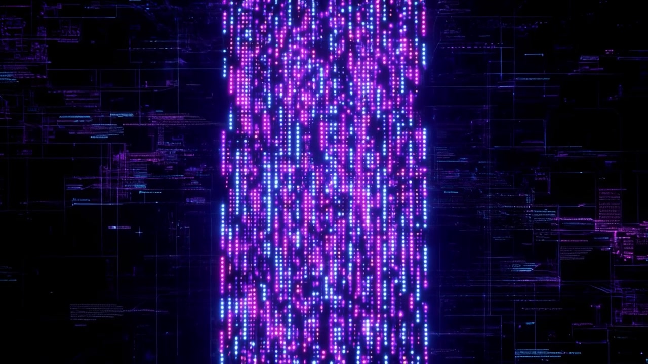 Abstract Digital Data Stream with Glowing Purple Particles