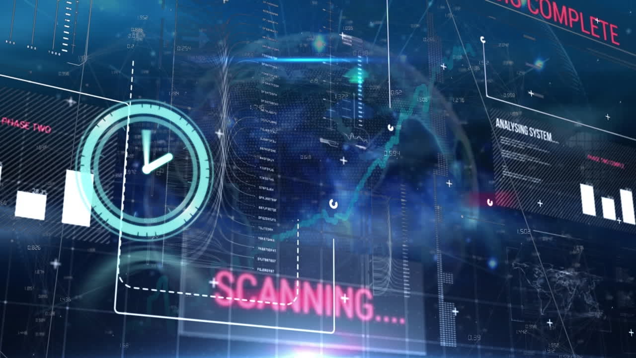 전 세계에 걸쳐 시계의 타이킹과 데이터 처리 애니메이션