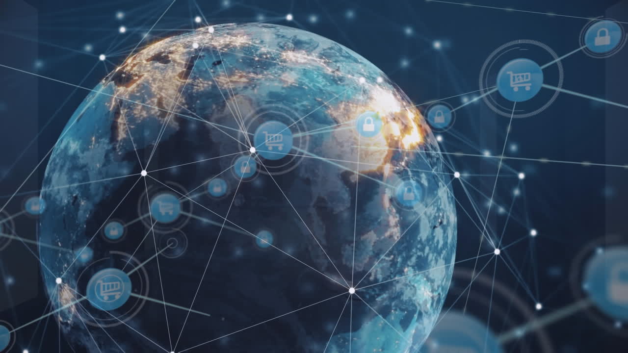 анимация соединенных икон и освещенных соединенных точек с цифрами по всему миру