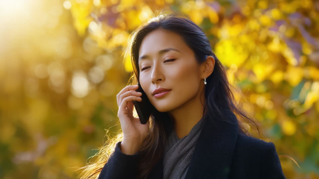 A Woman Engaged in an Outdoor Conversation While Surrounded by Vibrant Autumn Foliage, Capturing a Moment of Connection and Reflection Amidst Nature's Beauty and Golden Light