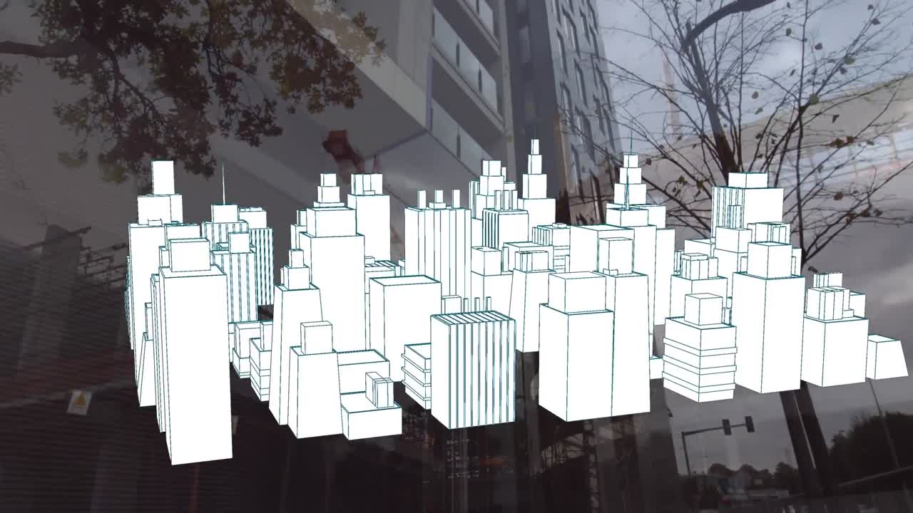 Animation of 3d city drawing spinning over cityscape