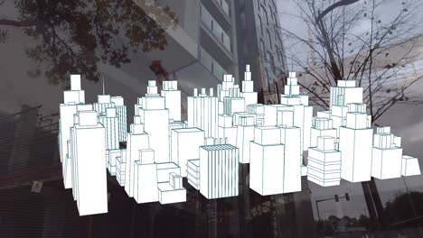 Animation-of-3d-city-drawing-spinning-over-cityscape