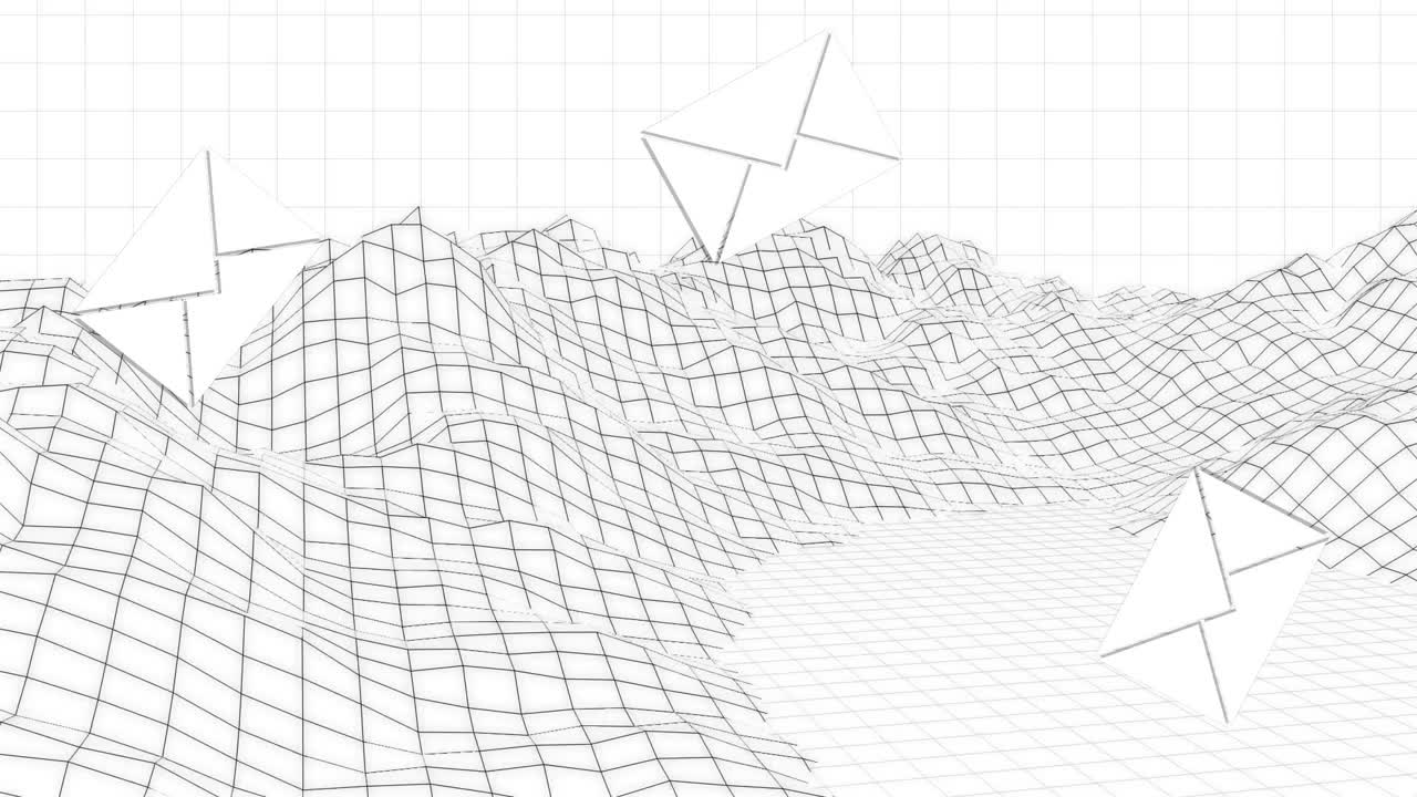 animación de iconos de sobres de correo electrónico flotantes sobre el paisaje de cuadrícula en blanco y negro