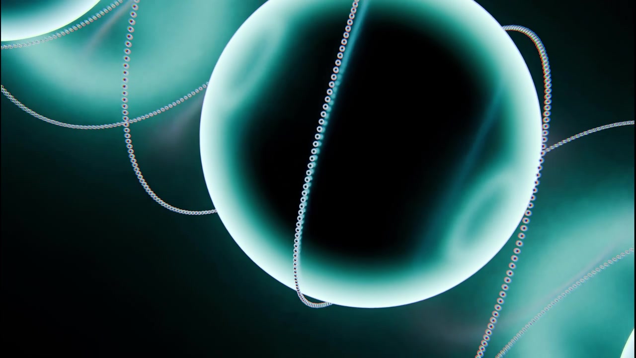 Large translucent teal spheres anchor dark gradient field while fine beaded chains drift in looping curves through foreground and midground, adding depth, glow, contrast, and sleek abstract texture
