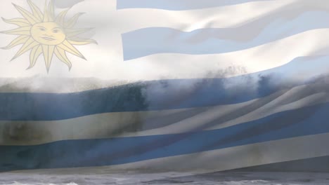 Composición-Digital-De-Ondear-La-Bandera-De-Uruguay-Contra-Las-Olas-En-El-Mar