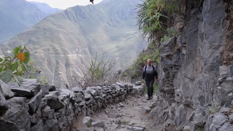 young man hikes up rocky narrow mountain path in colca canyon, peru