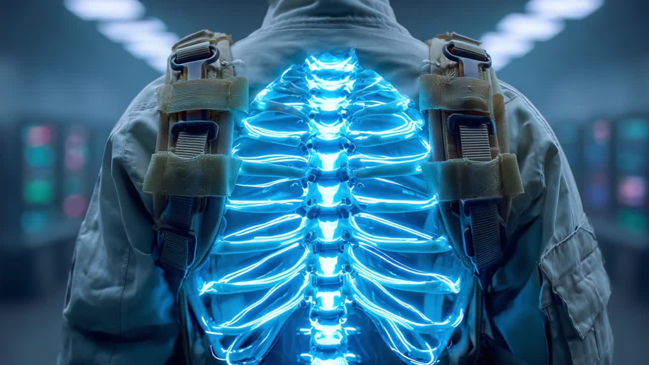 A Futuristic Vision of Anatomy: Illuminated Ribcage Design Showcasing Advanced Technology and Human Form in an Enigmatic Environment