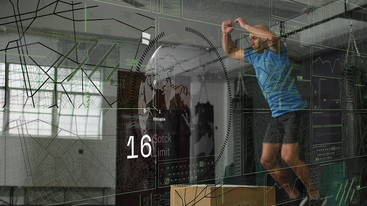 Male athlete crouching and launching onto plyo box for fitness training, HUD meters monitoring reps