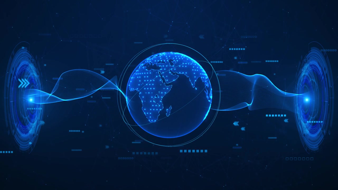 Tall global data energy visual with blue holographic globe twisting light stream and circular portal
