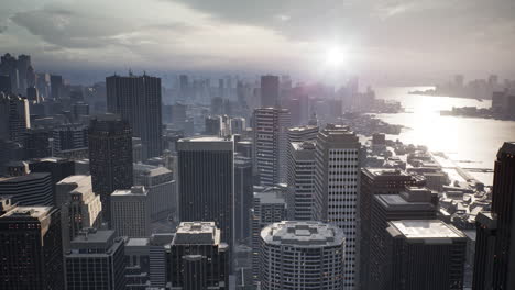 skyline aerial view at sunset with skyscrapers