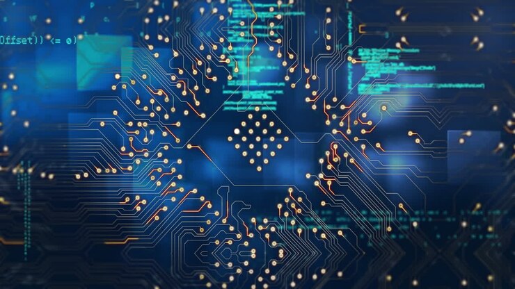 Animation of integrated circuit over data processing on navy background