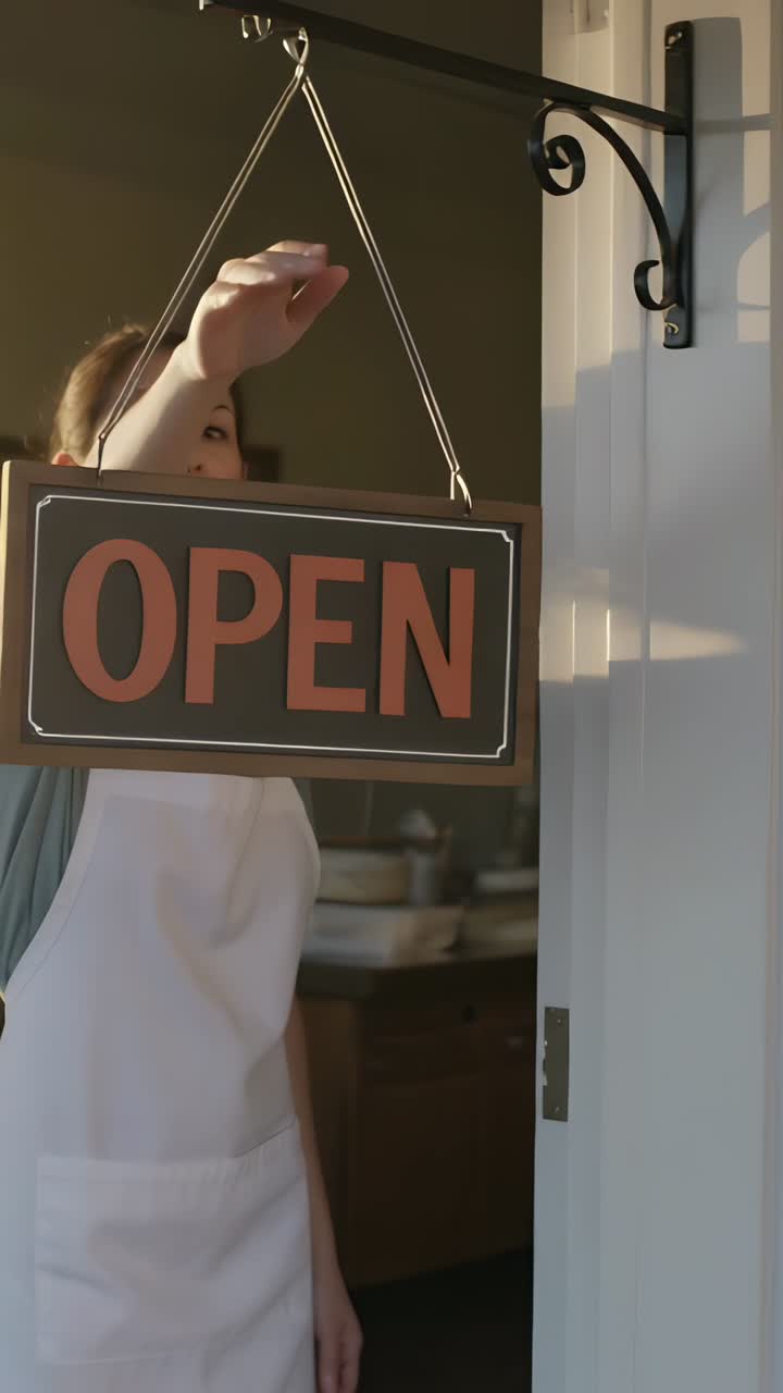 Woman Flipping Open Sign at Shop Entrance