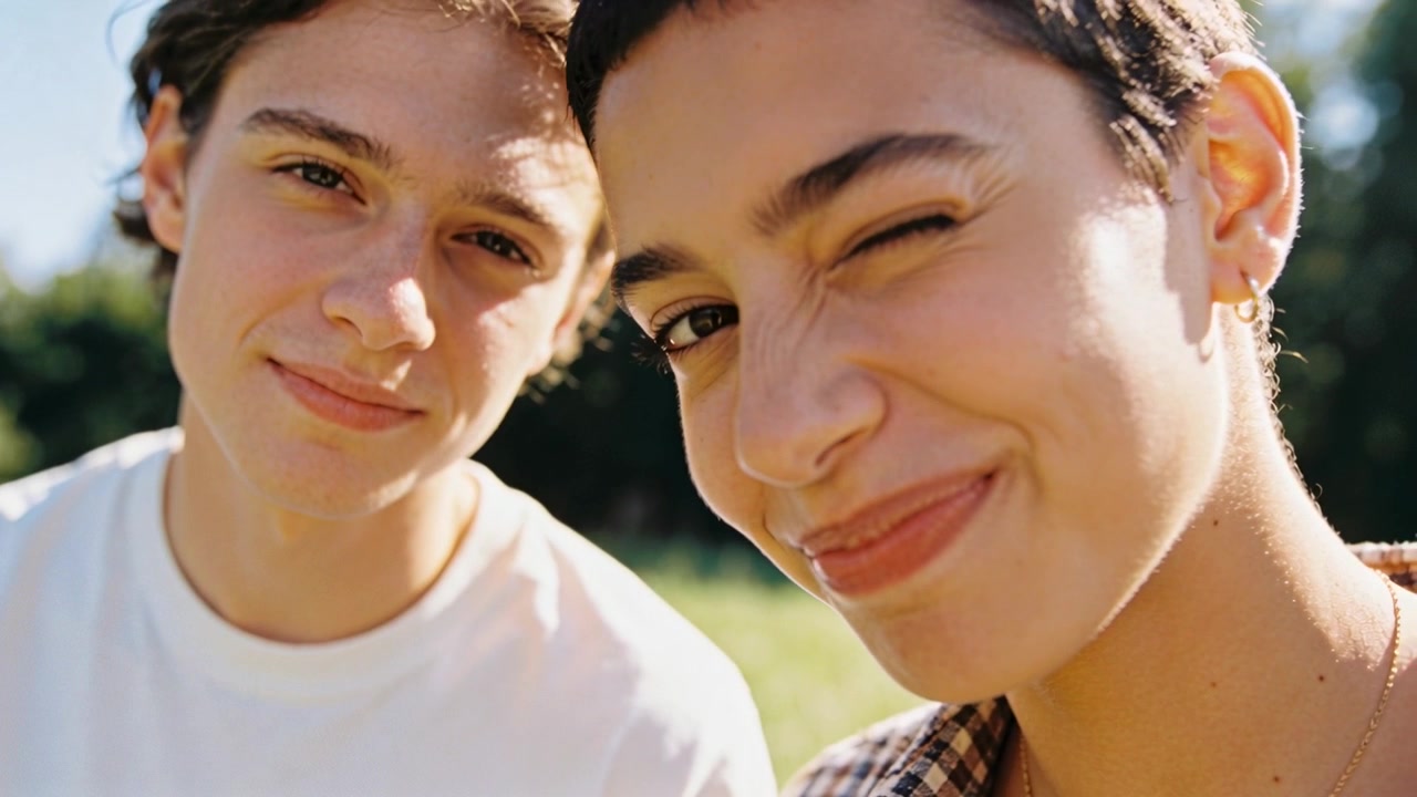 Phone showing, winking woman leaning into cam in park in checked shirt man-white-tee posing selfie