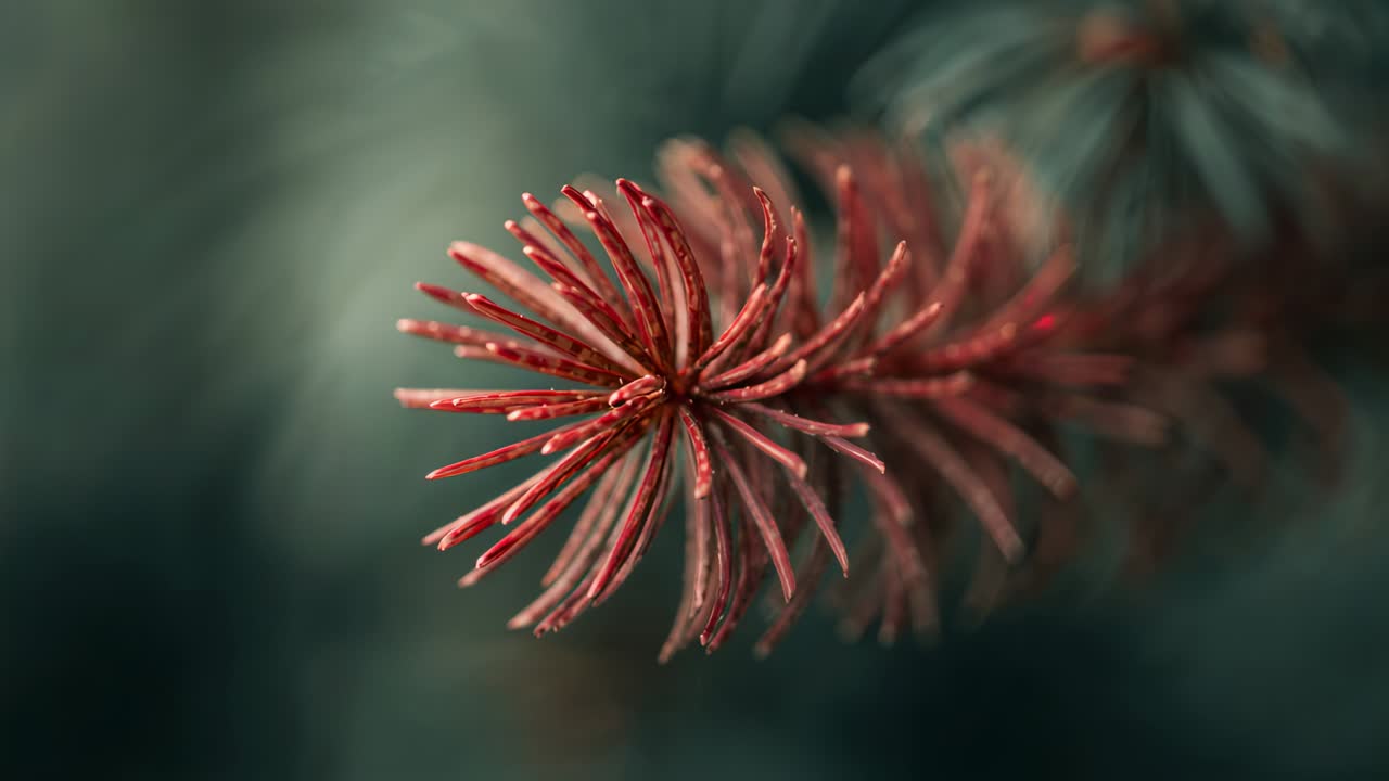 Pulling focus, camera showing reddish fir needle-tip focusing in forest, revealing droplets