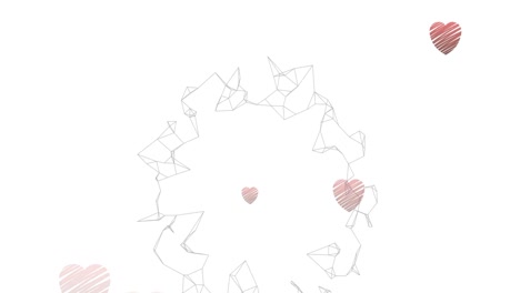 Abstrakte-Geometrische-Formen,-Die-Sich-über-Mehrere-Rote-Herzsymbole-Drehen,-Die-Vor-Weißem-Hintergrund-Fallen