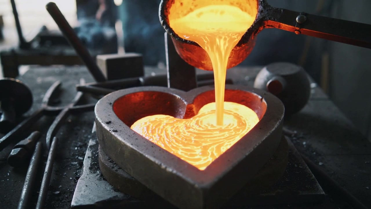 Un mestolo si inclina versando metallo fuso incandescente in uno stampo a forma di cuore su un banco da lavoro, creando un cuore.