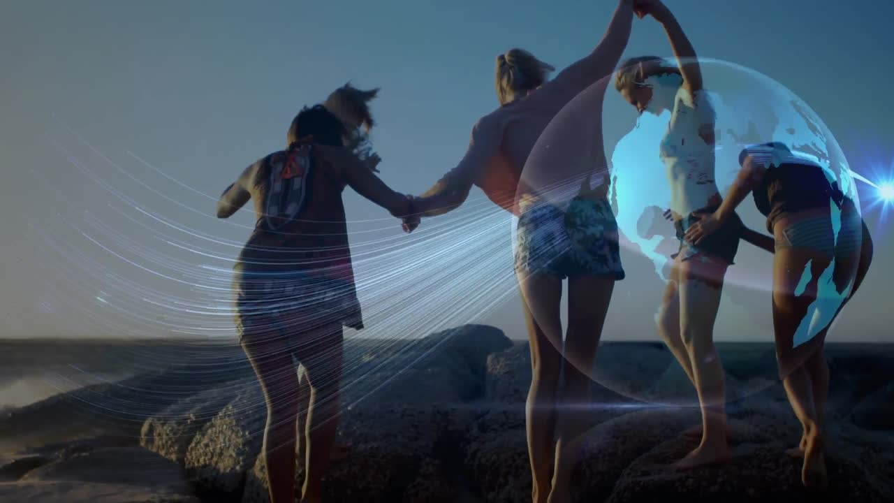 ⁇ 은 해변에서 손을 잡고  ⁇ 고 있는 여성 친구들 위에 빛나는 글로벌 네트워크의 애니메이션