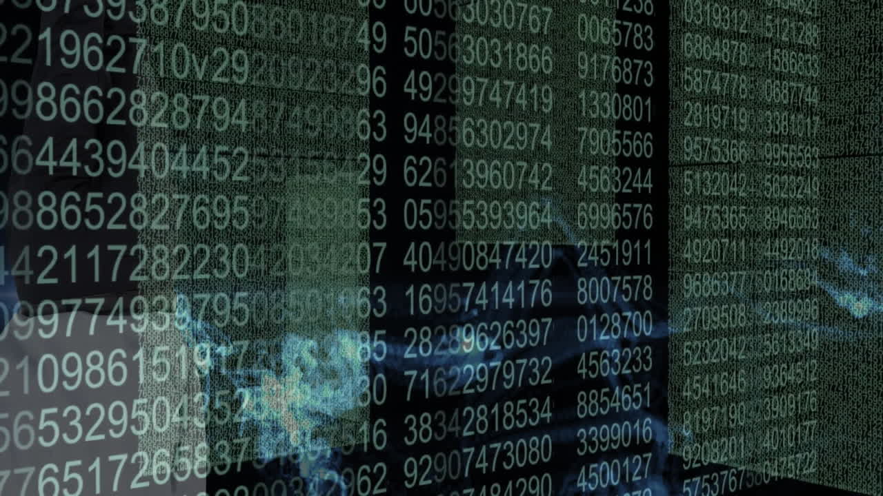 Digital numbers and data processing animation over abstract blue shapes