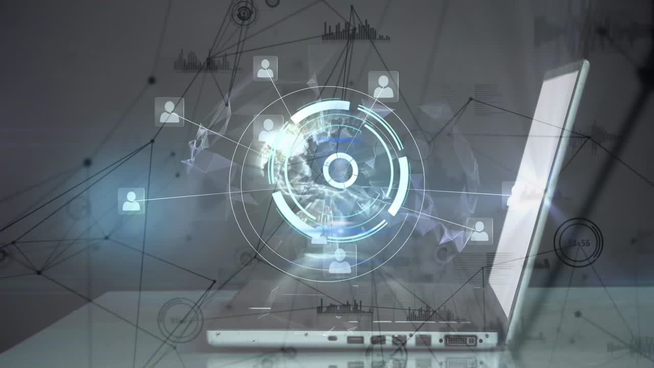 Animation of scope scanning and network of connections with icons over laptop