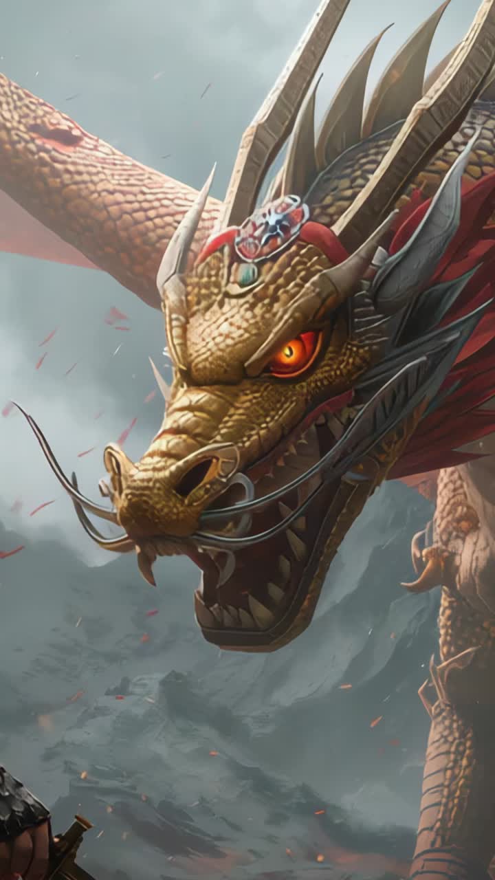 Vertical video: Emerging dragon head piercing mist atop rugged peaks, with glowing crown, red eyes