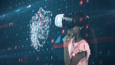 chica usando auriculares de realidad virtual y pantalla digital