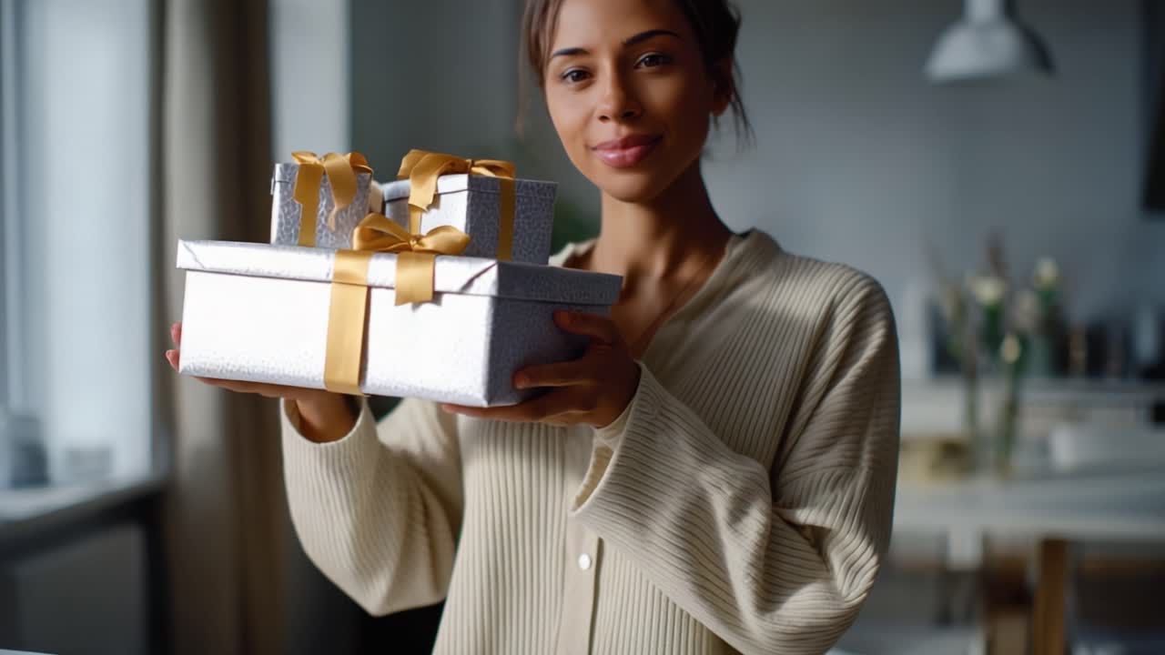 Una donna sorride mentre tiene in mano regali splendidamente incartati in un ambiente domestico accogliente, mettendo in mostra la gioia di donare e lo spirito festivo trasmesso attraverso un packaging elegante