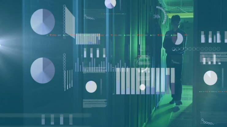 Animation of financial data processing over asian businessman in server room