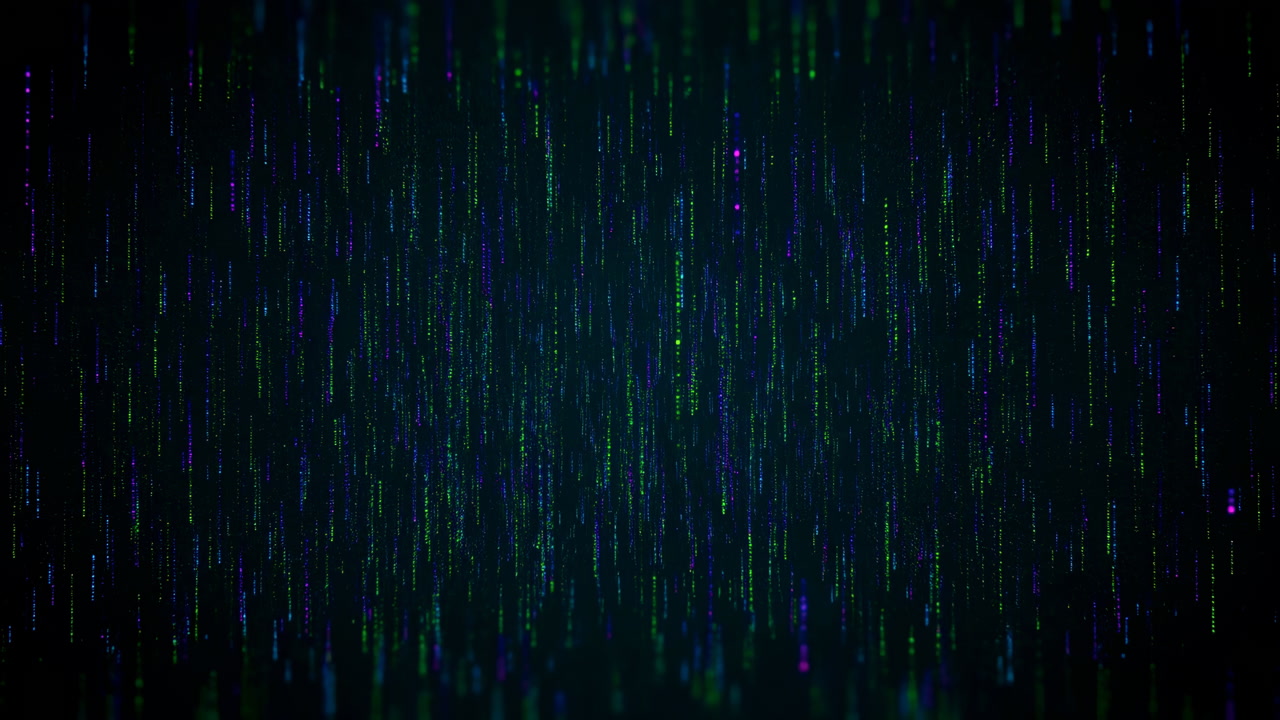 Vertical Neon Rain Digital Data Streams Falling Against Dark Background, Thin Luminous Streaks In Green